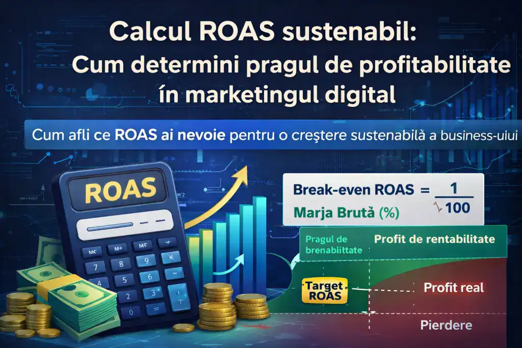 Infografic care ilustrează calculul ROAS sustenabil, pragul de rentabilitate (Break-even ROAS) și relația dintre marja brută și profitabilitate în marketing digital.