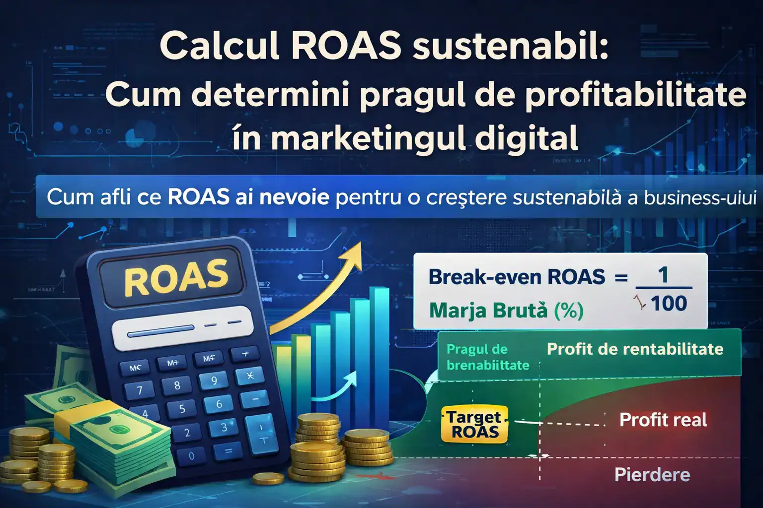 Infografic care ilustrează calculul ROAS sustenabil, pragul de rentabilitate (Break-even ROAS) și relația dintre marja brută și profitabilitate în marketing digital.