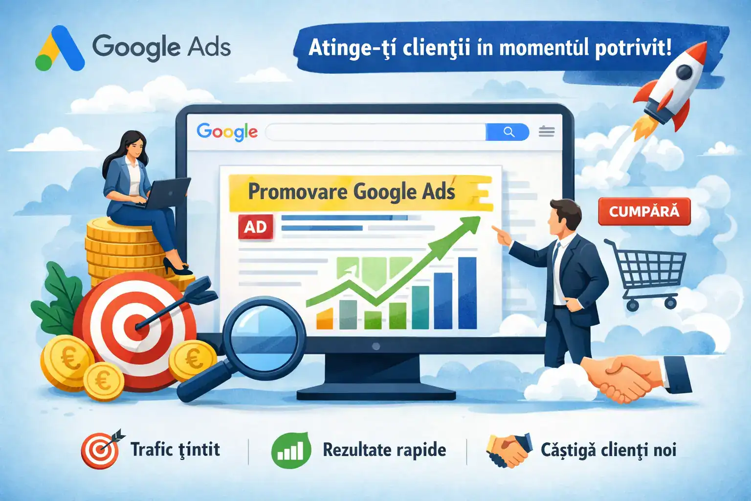 Concept vizual pentru promovare Google Ads și strategii de publicitate online bazate pe intenția de căutare.