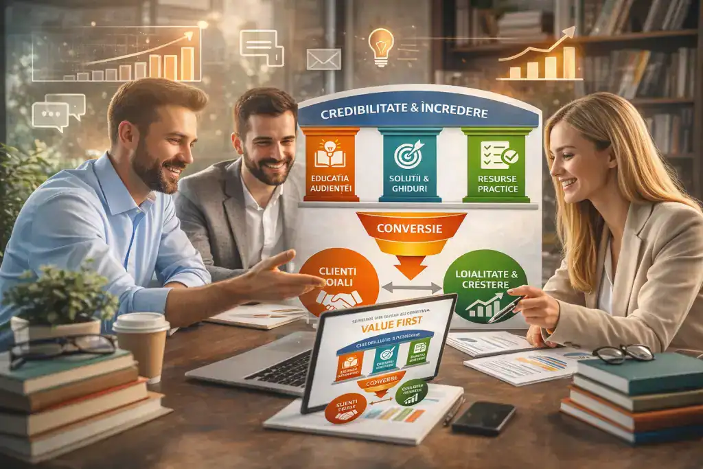 Echipă de profesioniști analizând o strategie de content educațional pentru creșterea conversiilor și construirea încrederii în marketingul digital.